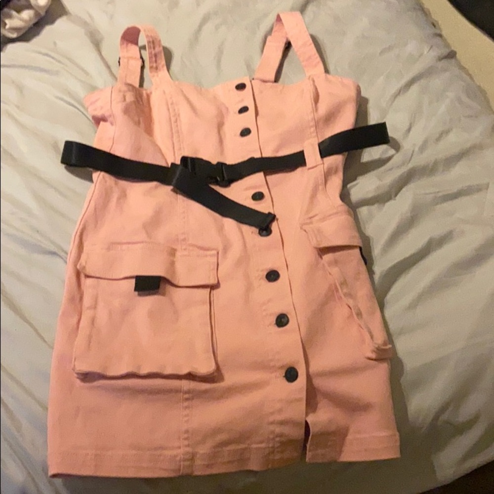 Pink mini button up dress with black buckle belt